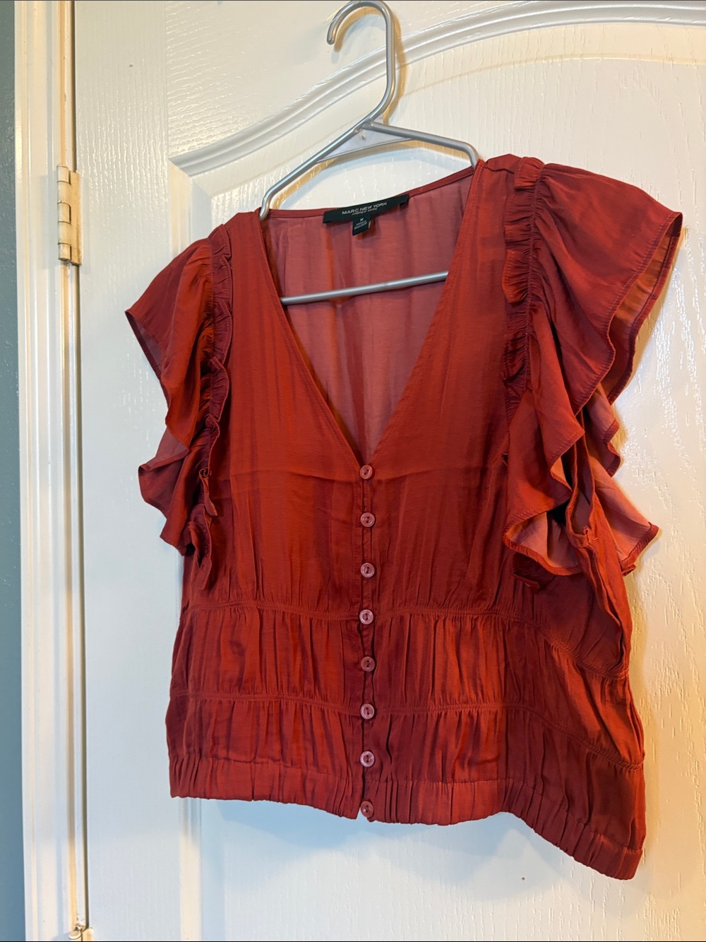 Andrew Marc Rust Ruffle-Sleeve Button Front Blouse - Picture 4 of 8